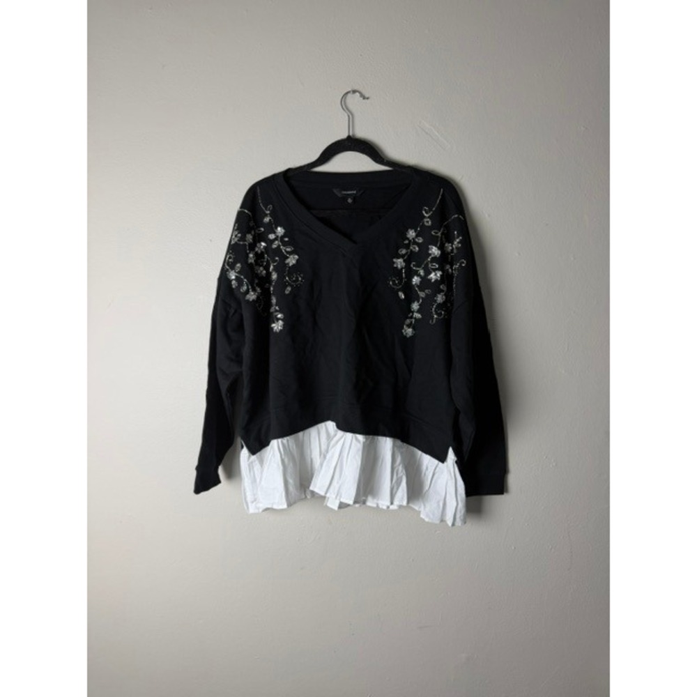 Calligraphie Black Beaded Mixed Media Sweatshirt White Pleated Hem XL NWT